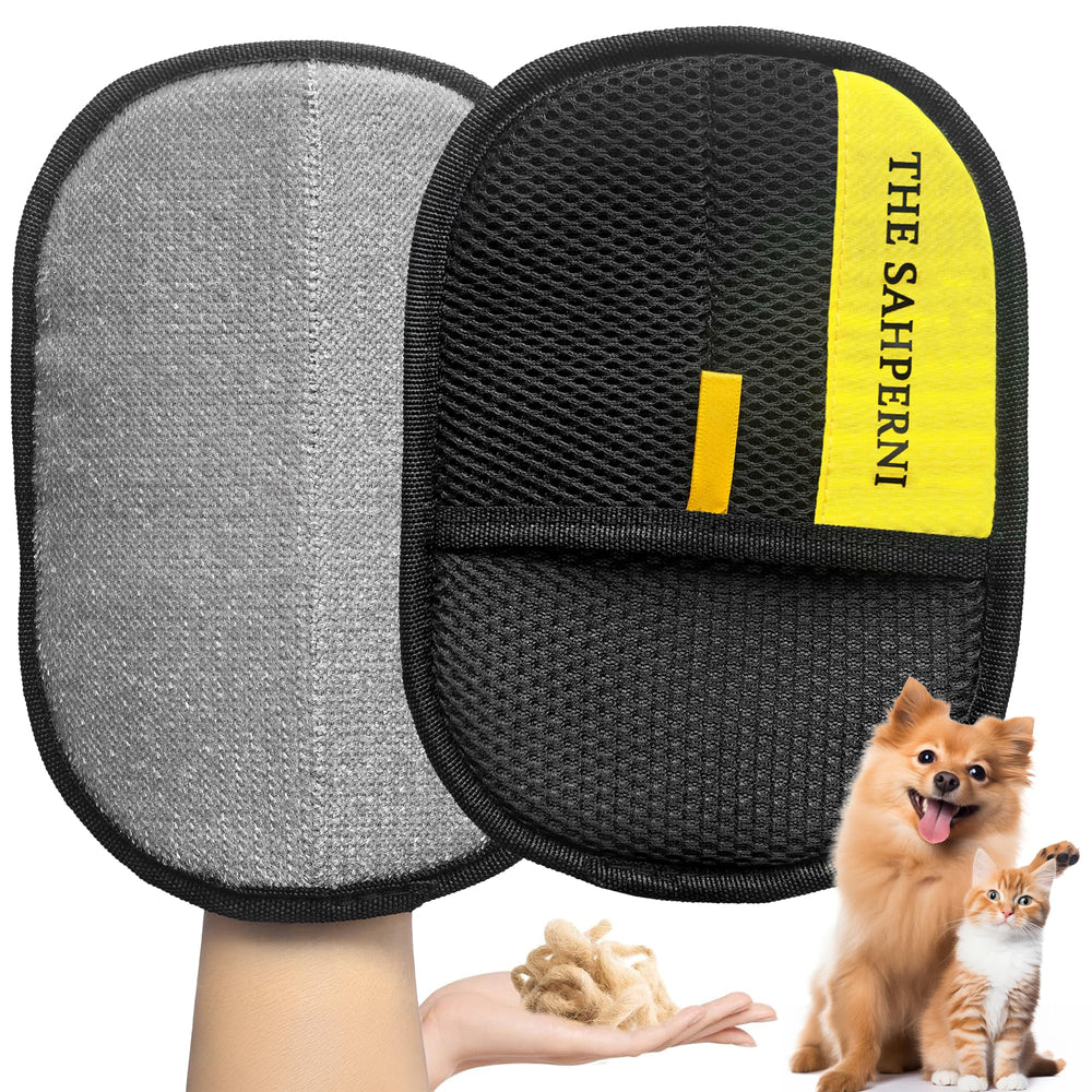 THE SAHPERNI Pet Hair Removal Glove packaging highlights reusable design for quick fur cleanup