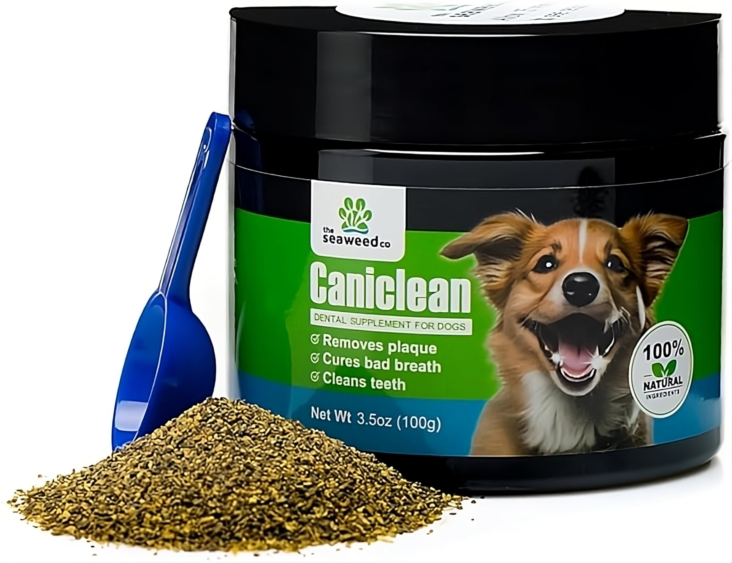The Seaweed Co Caniclean dog tooth powder tin for tartar relief.