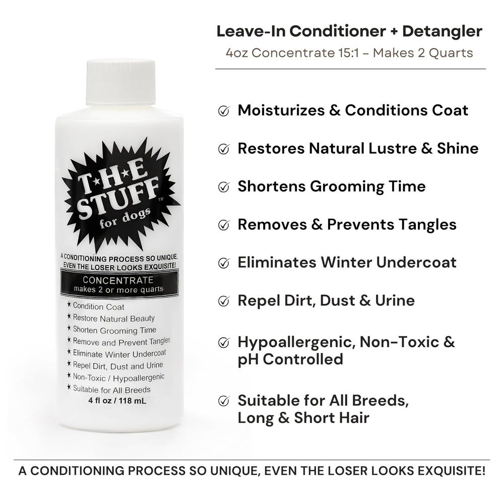 The Stuff leave-in conditioner coat detangling demo shows a smoother coat