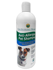 The Ecology Works anti-allergen pet shampoo bottle cleanses fur while reducing allergens.
