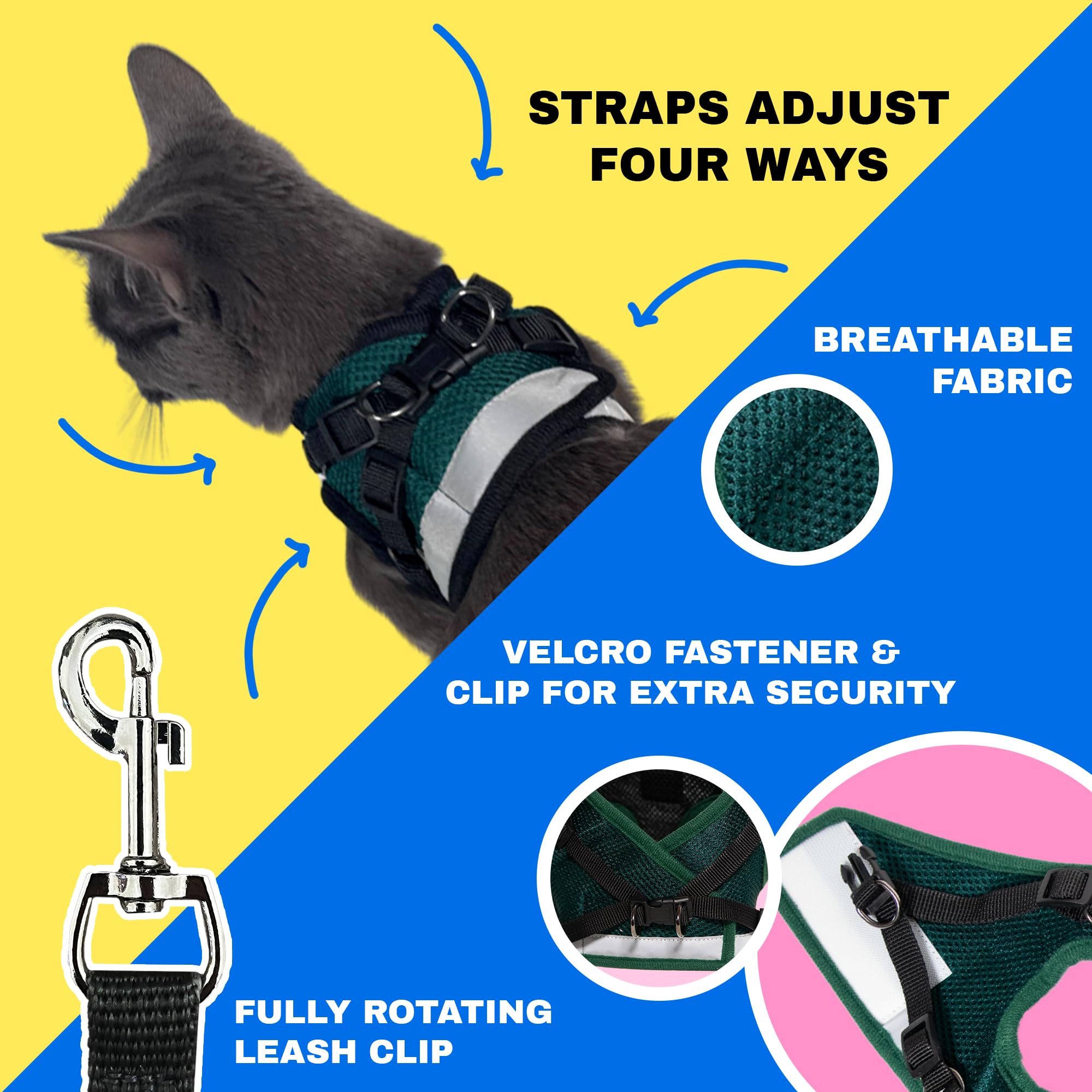 The Fat Cat Emerald Explorer harness back view features a reflective stripe for visibility at dusk.