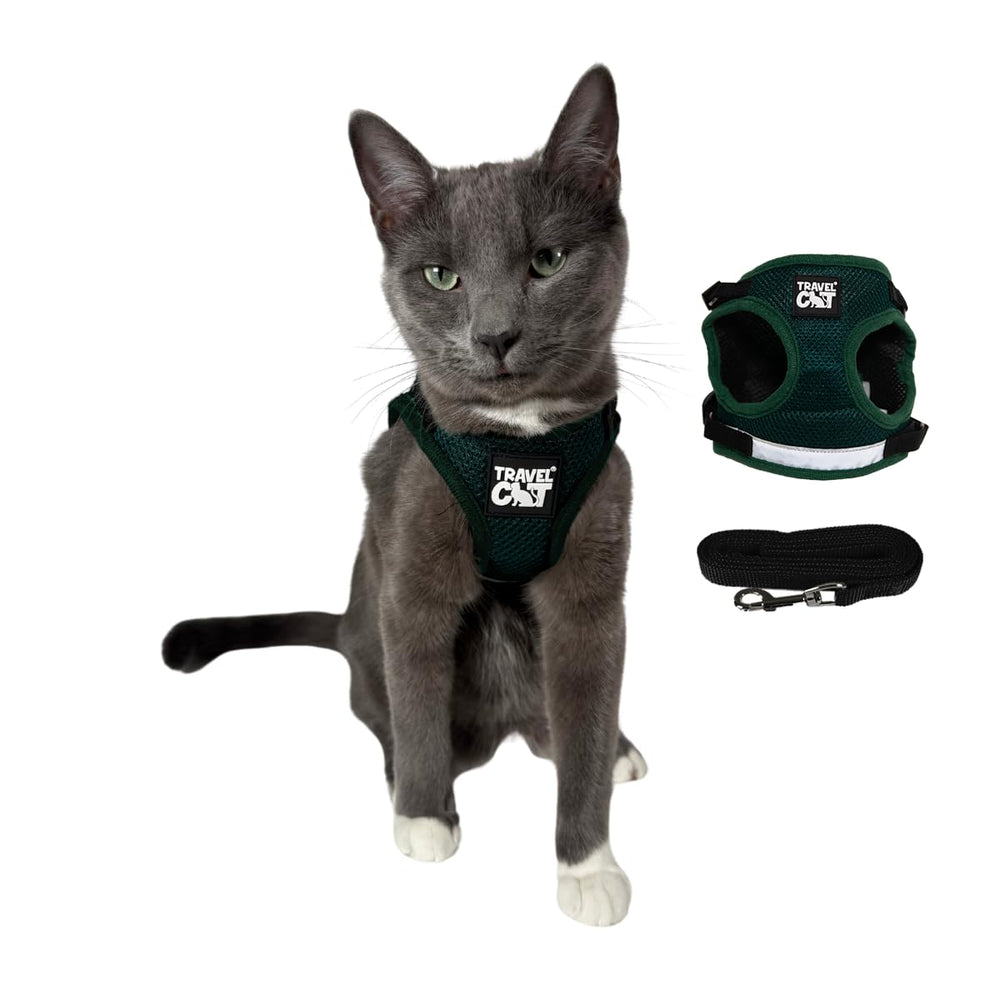 The Fat Cat Emerald Explorer harness front view shows adjustable fit for a secure escape-proof walk.