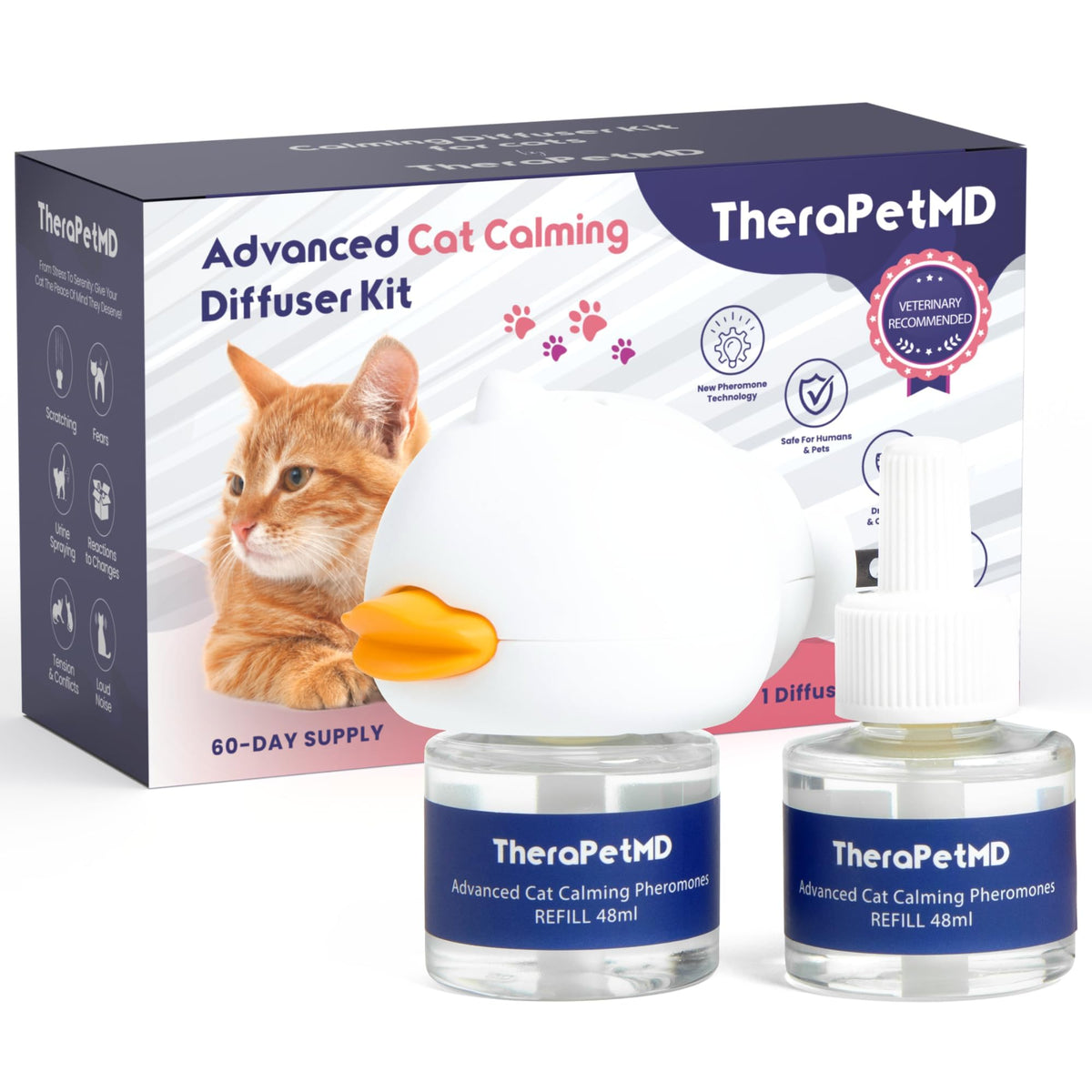 TherapetMD 60-day calming diffuser plugged into outlet easing anxious cats
