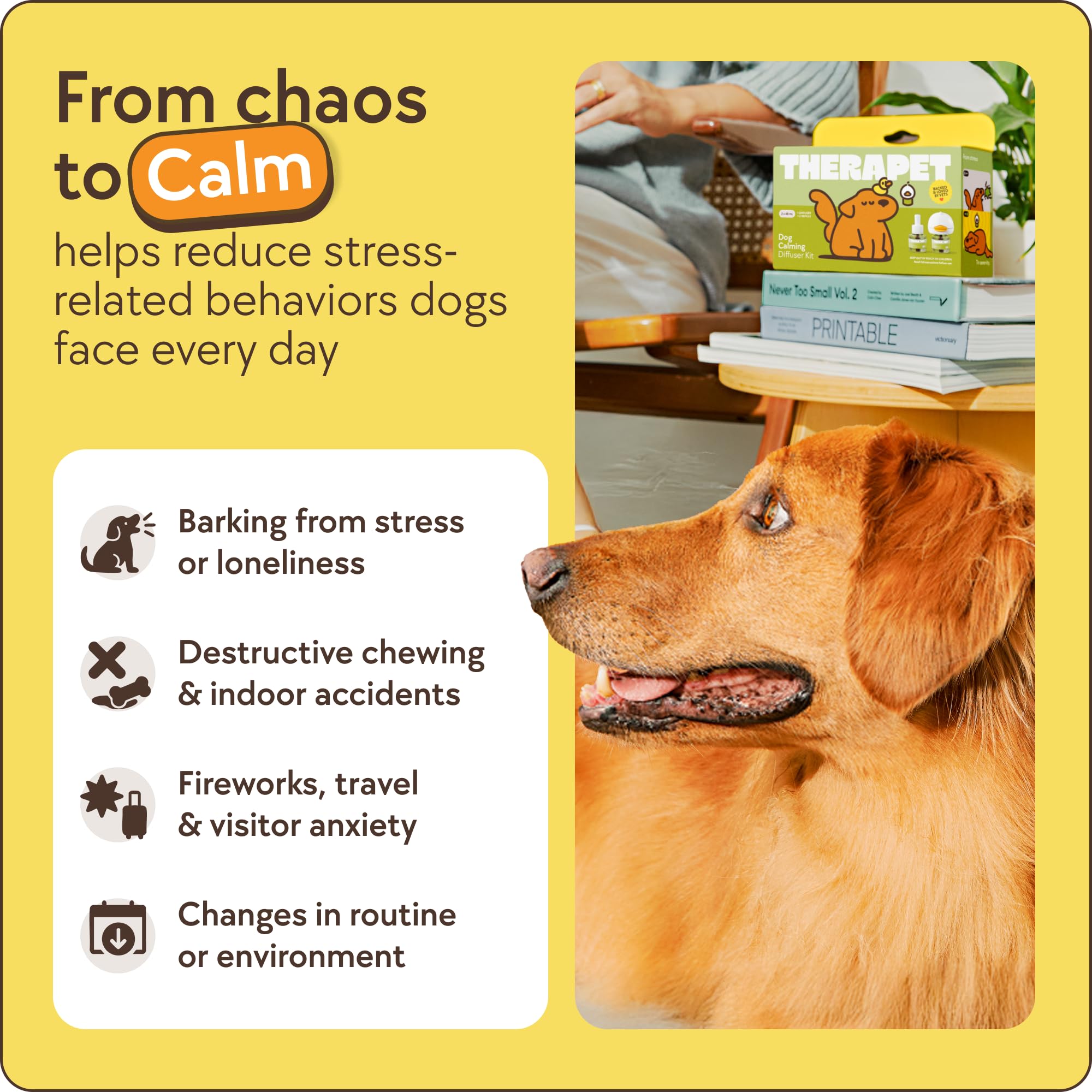 TherapetMD scene with an anxious dog near a diffuser, illustrating stress reduction potential.