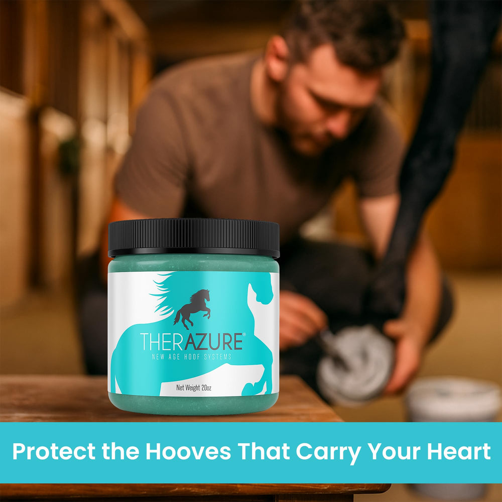 Therazure clay adheres through wet conditions to treat hoof areas.