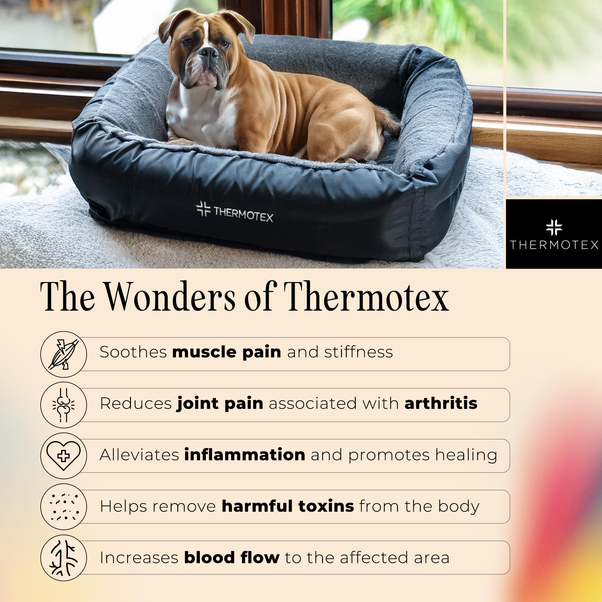 Thermotex pet bed in use with a dog for comforting rest.
