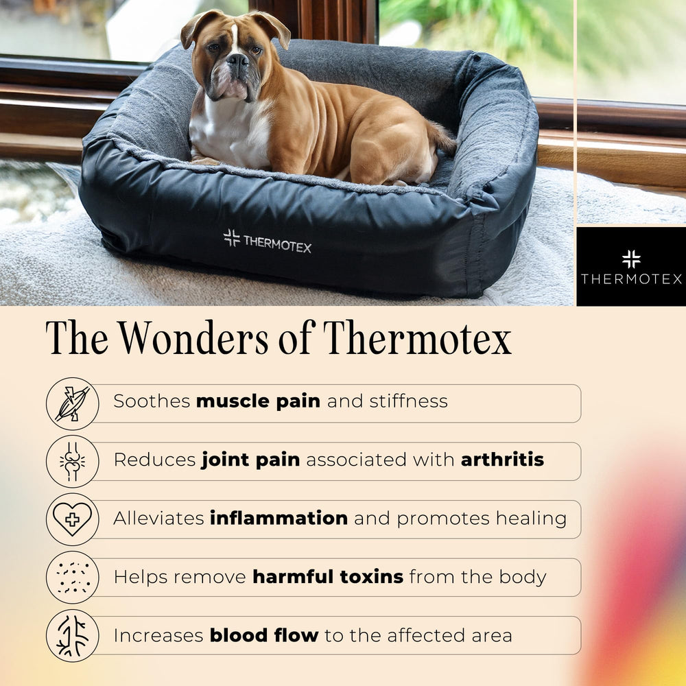 Thermotex pet bed in use with a dog for comforting rest.