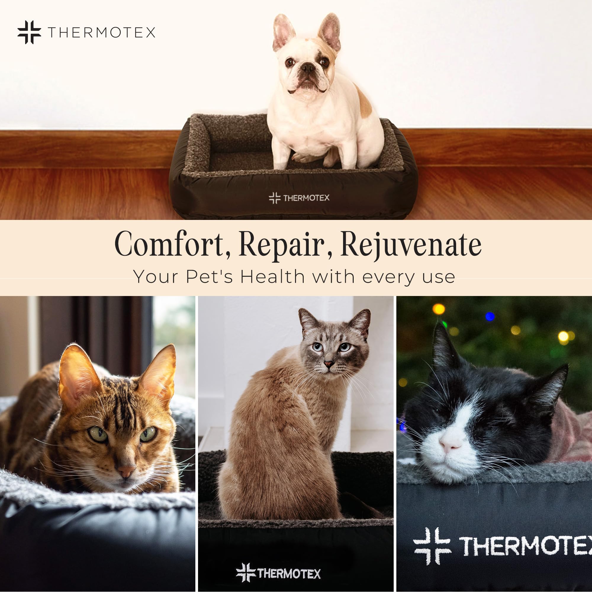 Thermotex pet bed warmth ambience indicating soothing environment.
