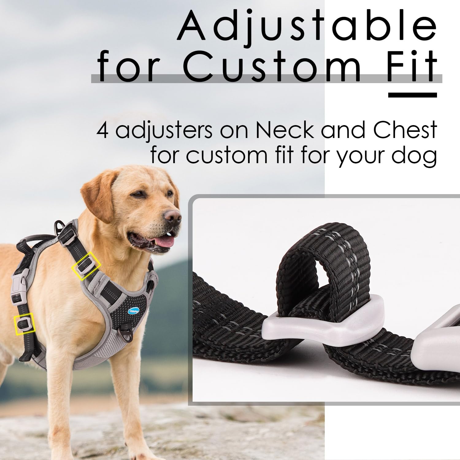 ThinkPet arnés ajustable con cuatro correas para un ajuste seguro.