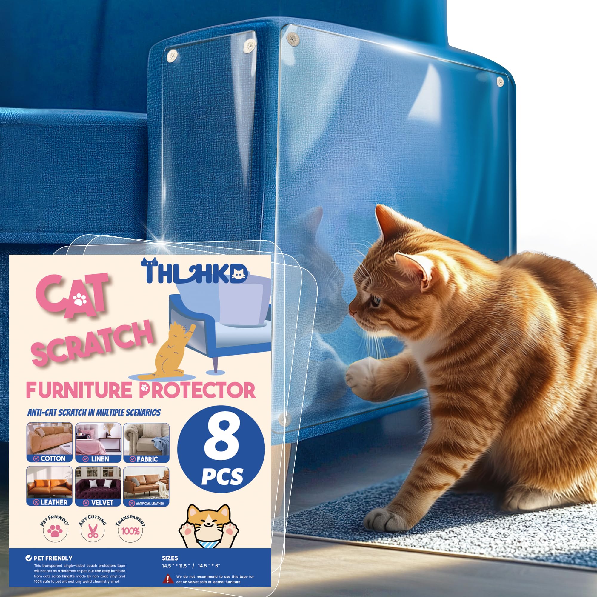 THLHKD cat scratch protector clear sheet front packaging shows transparent sofa protection.