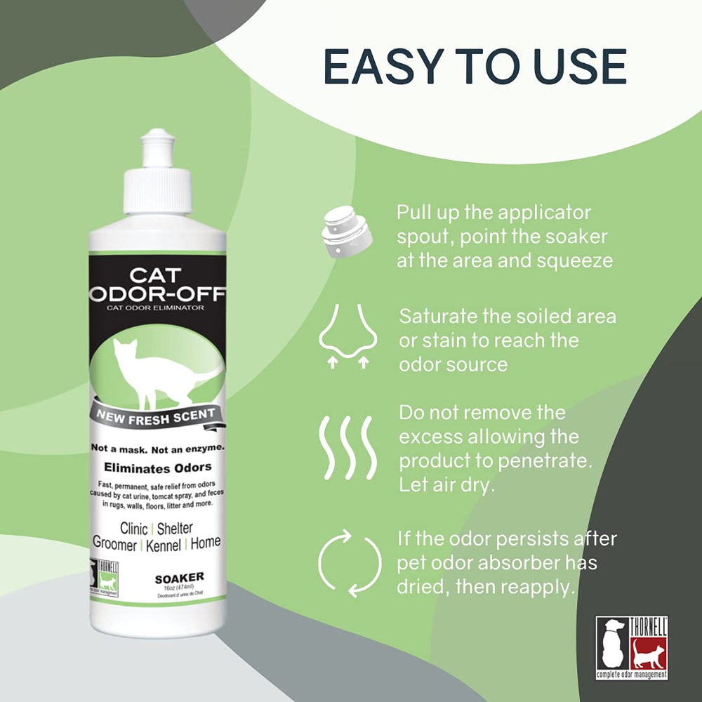 Thornell Cat Odor-Off cap application demonstrates targeted treatment for urine spots and rugs.