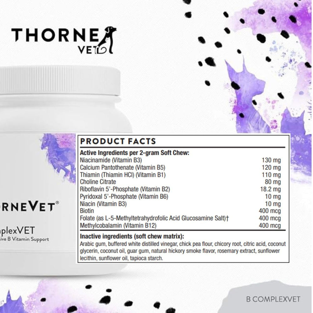 ThorneVET B ComplexVET label closeup — shows vitamins B1 through B12 and folate.
