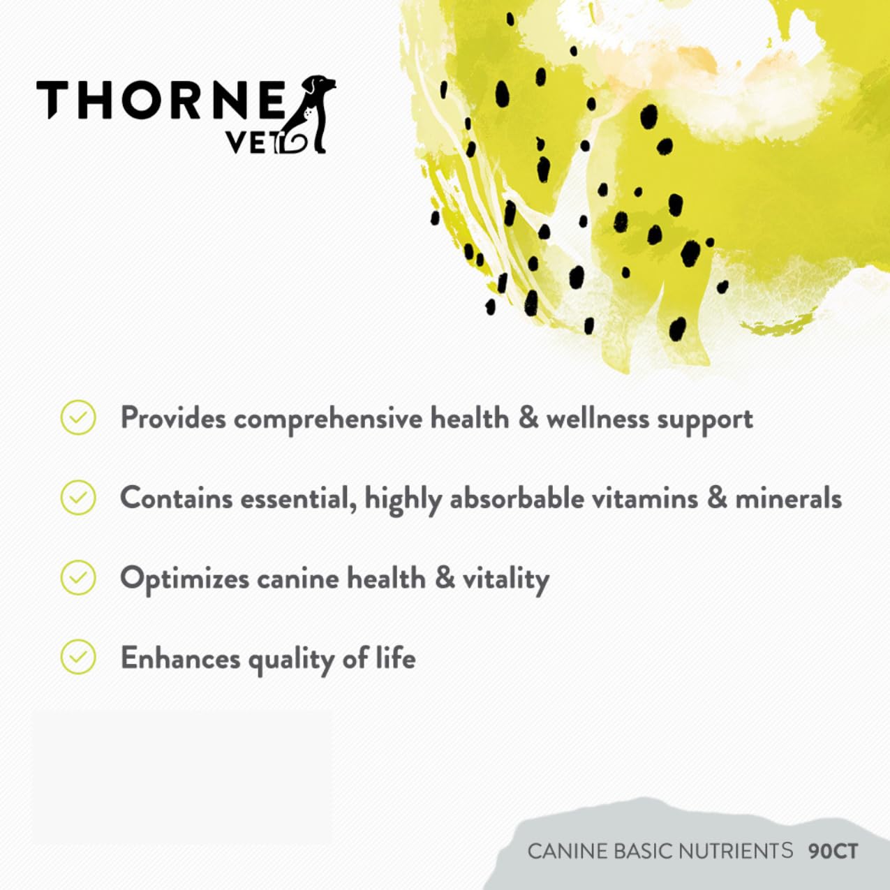 ThorneVET Canine Basic Nutrients jar on kitchen counter for everyday use.