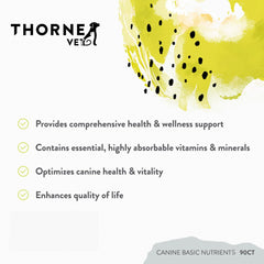 ThorneVET Canine Basic Nutrients jar on kitchen counter for everyday use.