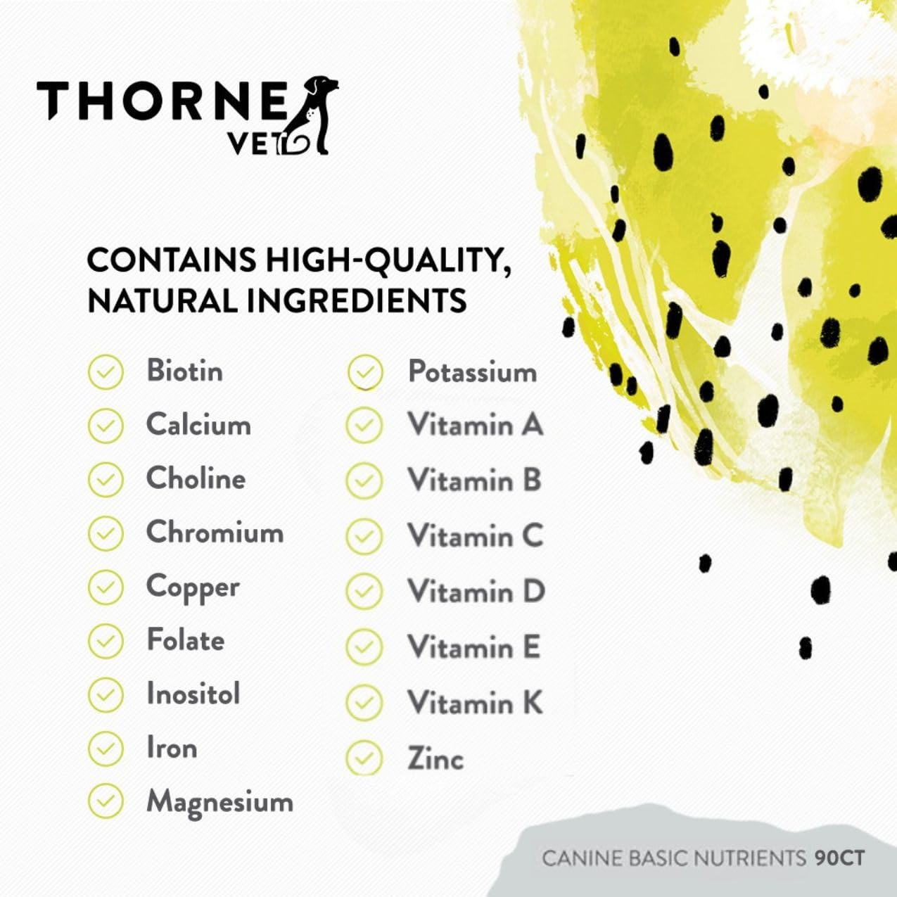 Label close-up of ThorneVET Canine Basic Nutrients highlighting vitamins and minerals.
