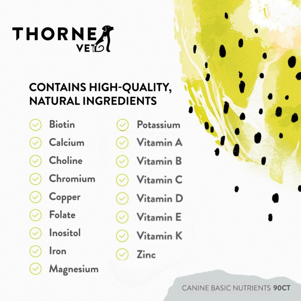 Label close-up of ThorneVET Canine Basic Nutrients highlighting vitamins and minerals.
