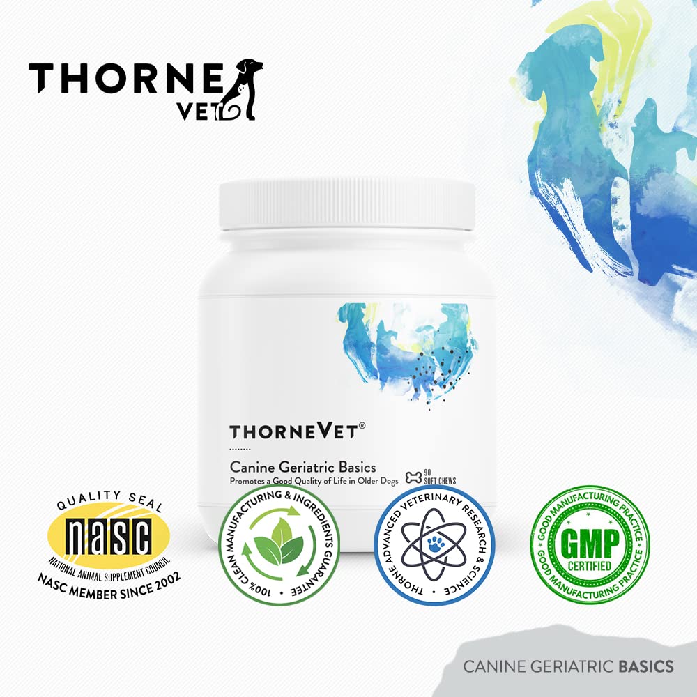 ThorneVET Canine Geriatric Basics contains amino acids, flavonoids, and CoQ10.