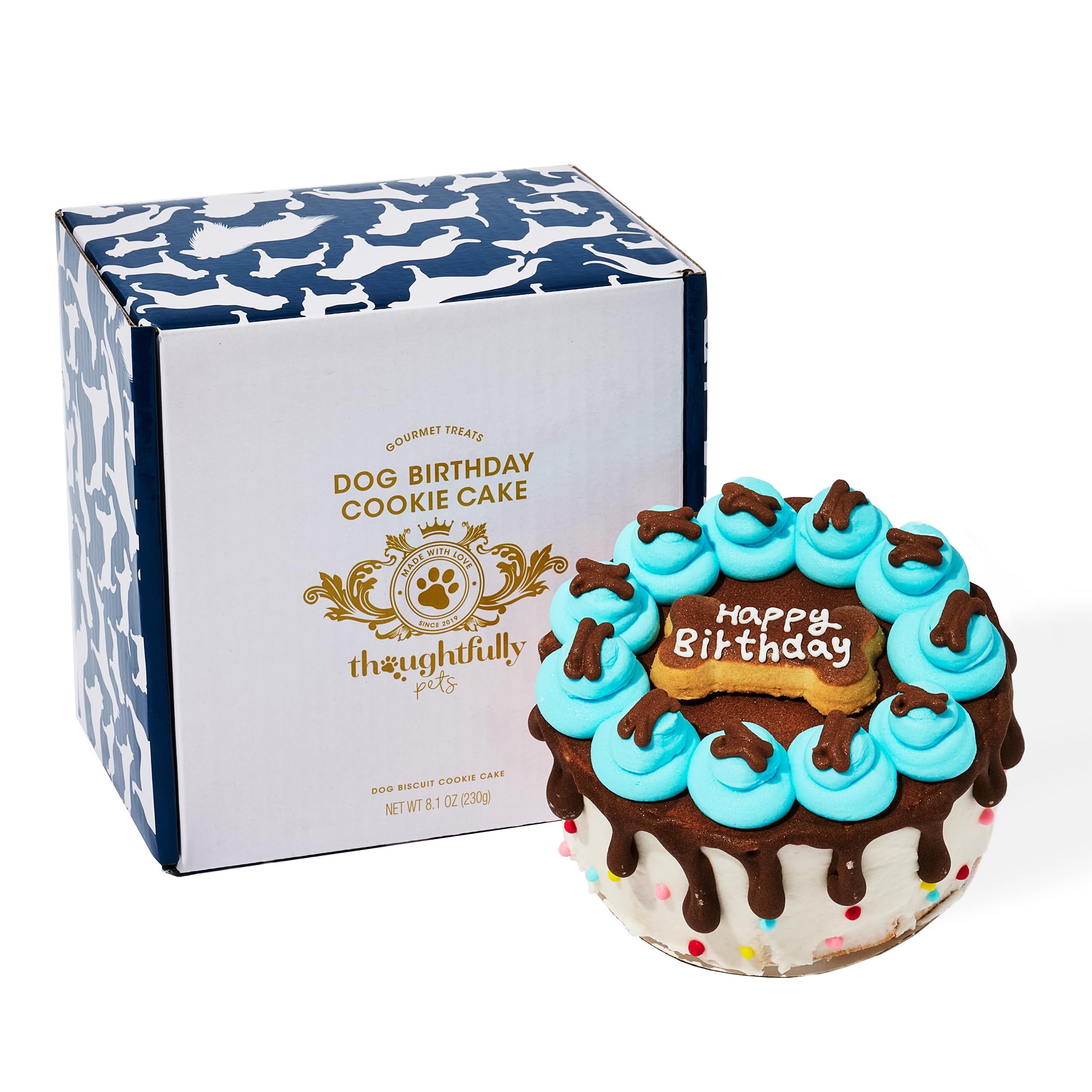 Thoughtfully Pets blue dog birthday mini cake full view — a celebration treat for dogs.