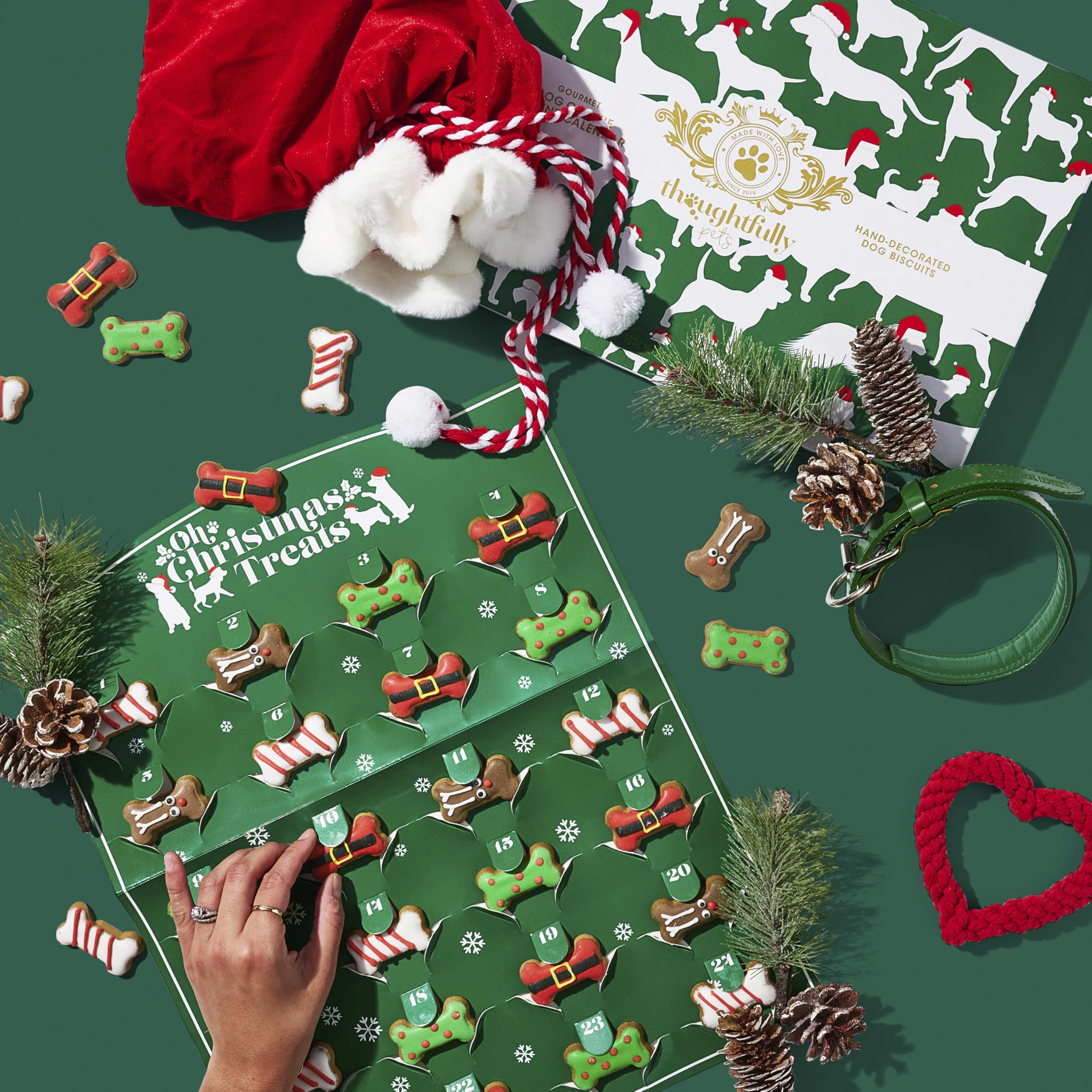 Thoughtfully Pets bone-shaped treats showing four decorative designs.