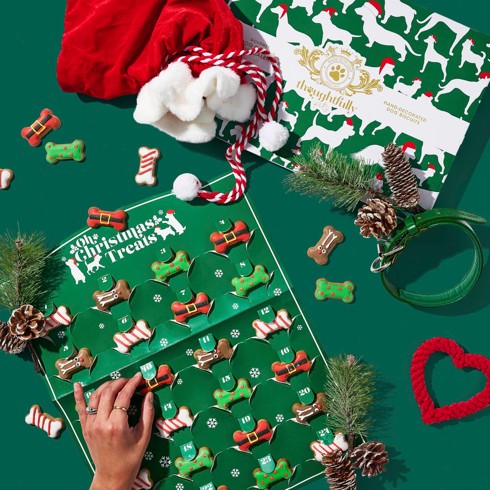 Thoughtfully Pets bone-shaped treats showing four decorative designs.