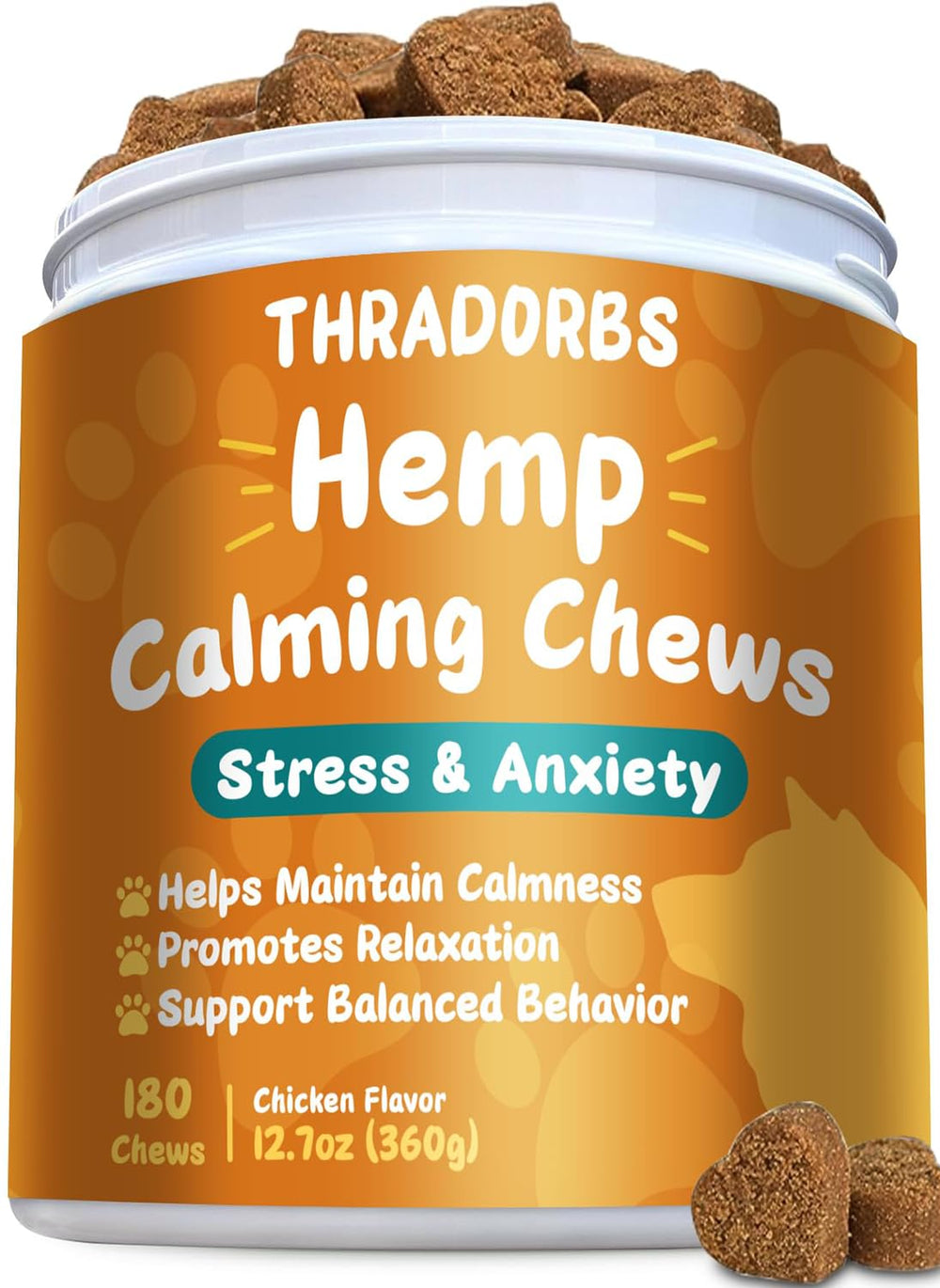 THRADORBS Hemp Calming Chews bottle supports anxious dogs during storms.