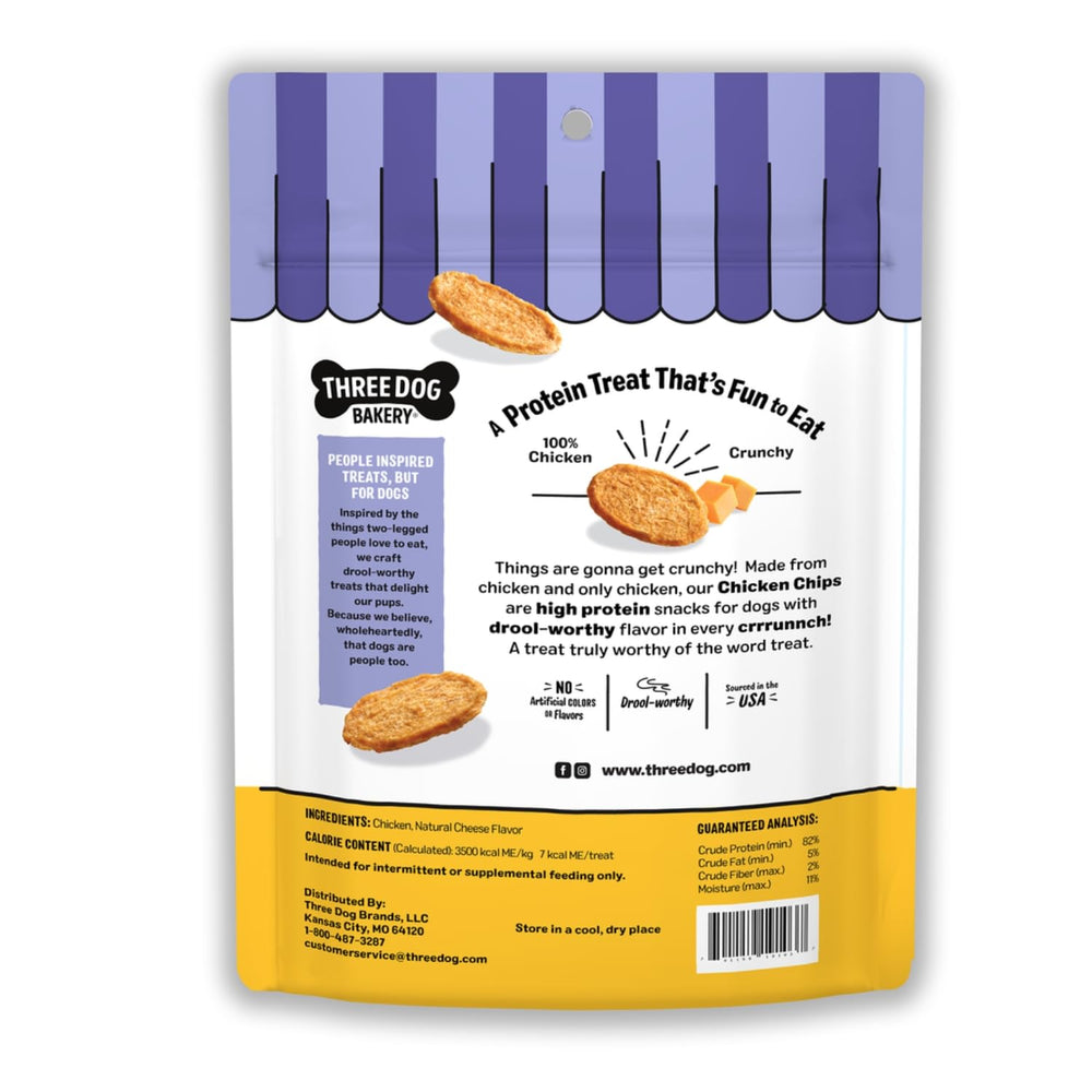 Three Dog Bakery Bark’N Crunch Chicken Chips crispy-treat image emphasizes high-protein reward for dogs.