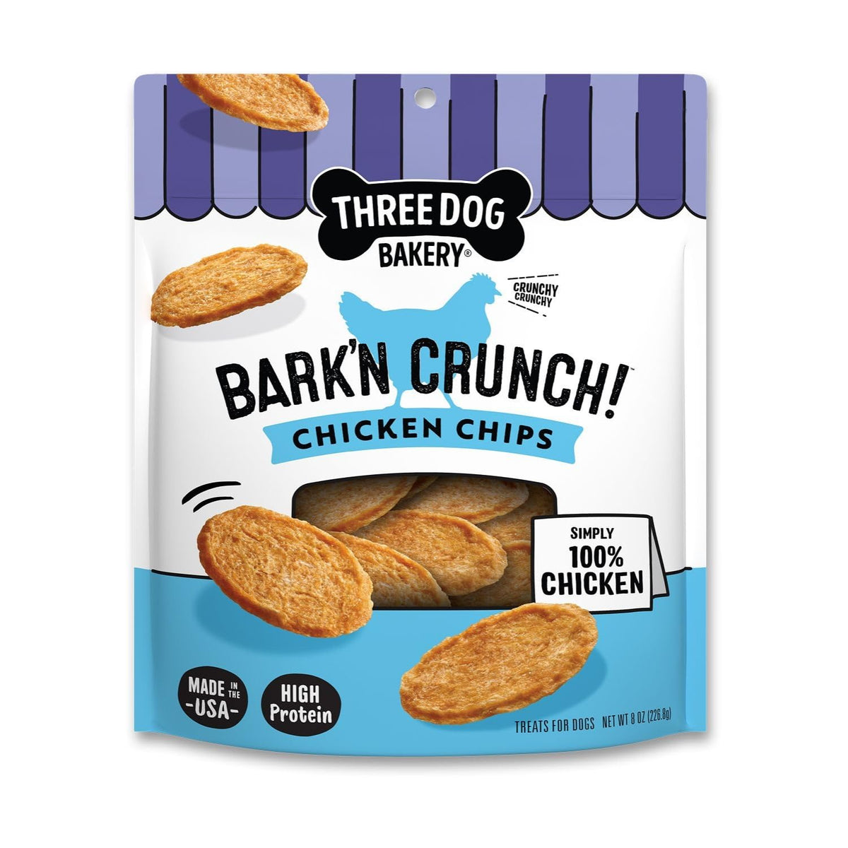 Three Dog Bakery Bark’N Crunch Chicken Chips bag, 8 oz, convenient daily treats.