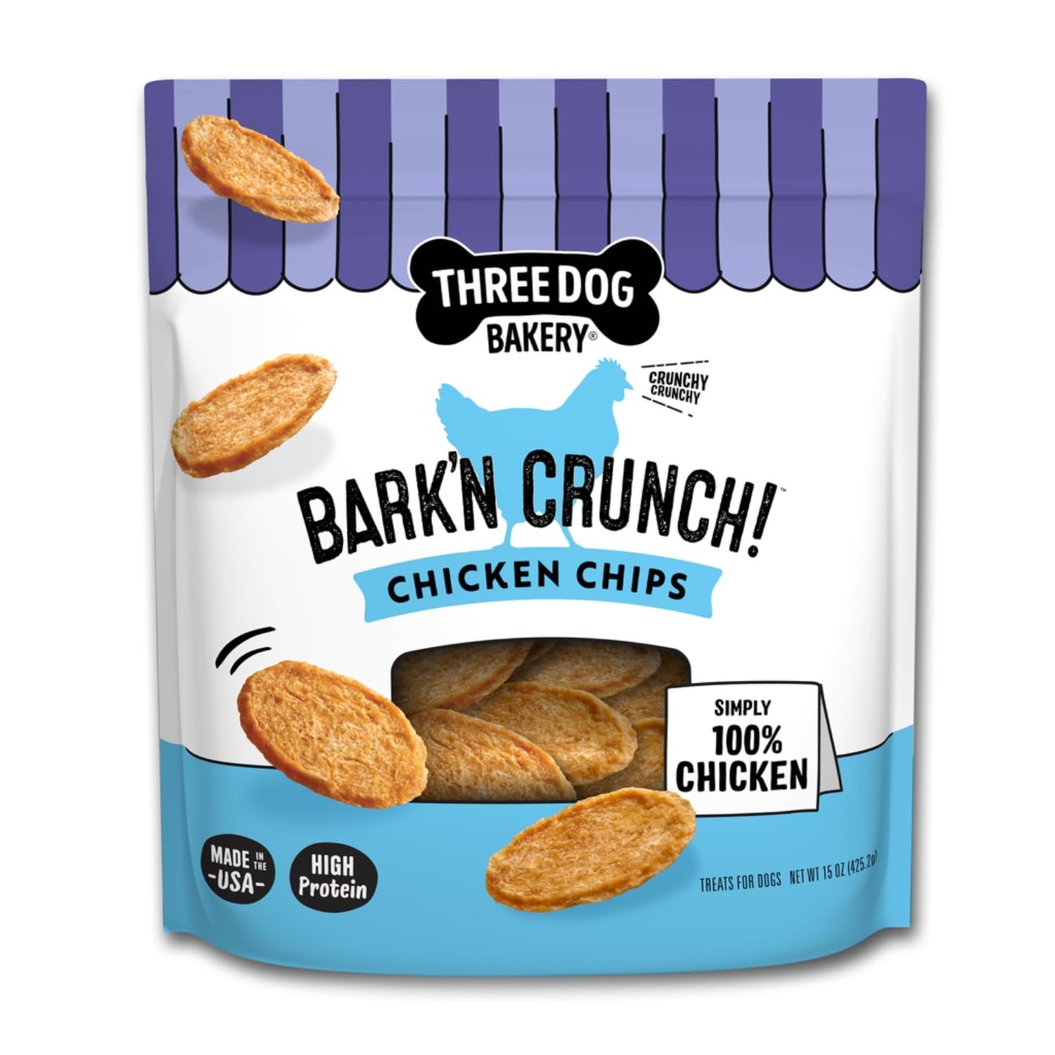 Three Dog Bakery Bark’N Crunch Chicken Chips pack shot—protein-rich dog treat