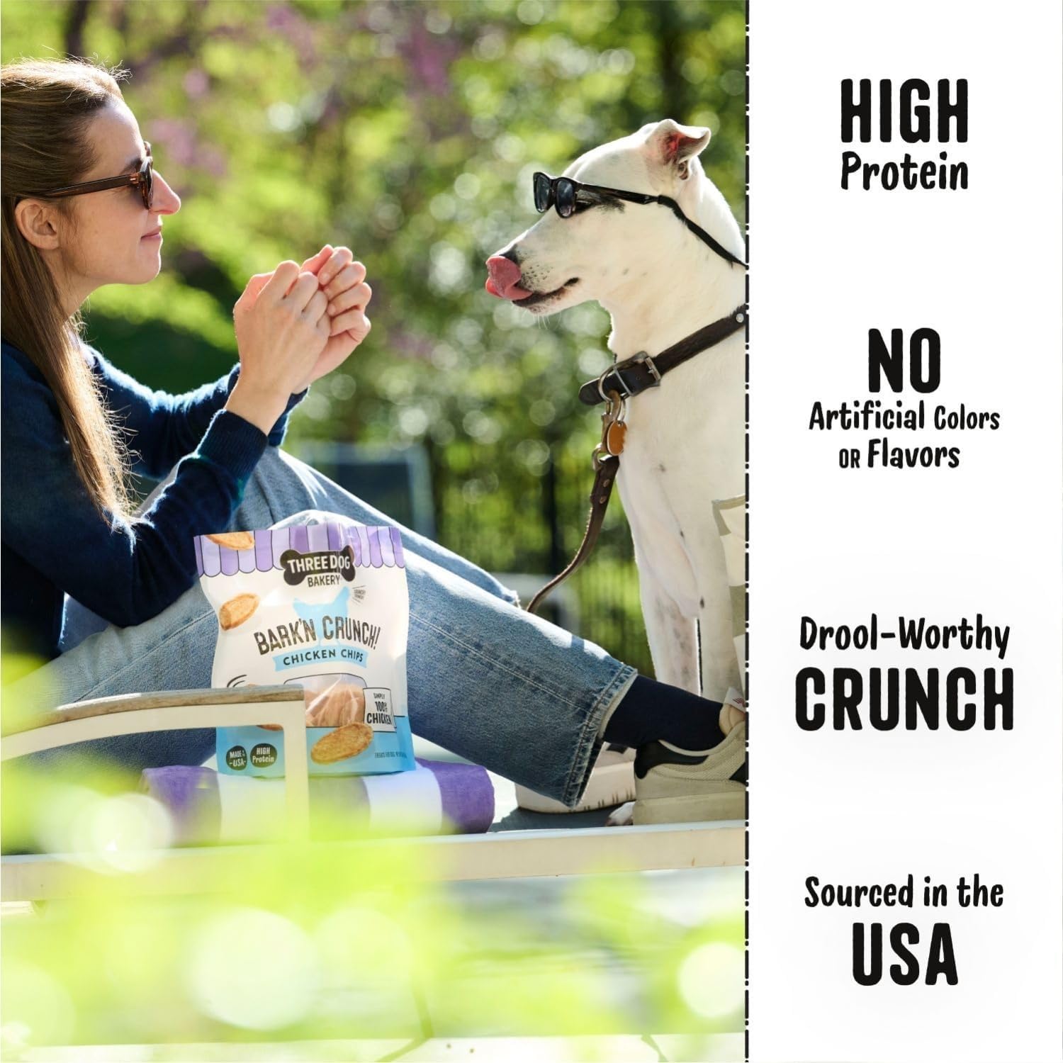 Three Dog Bakery Bark’N Crunch Chicken Chips raw-ingredient close-up featuring 100% chicken