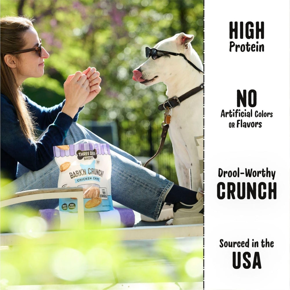 Three Dog Bakery Bark’N Crunch Chicken Chips raw-ingredient close-up featuring 100% chicken