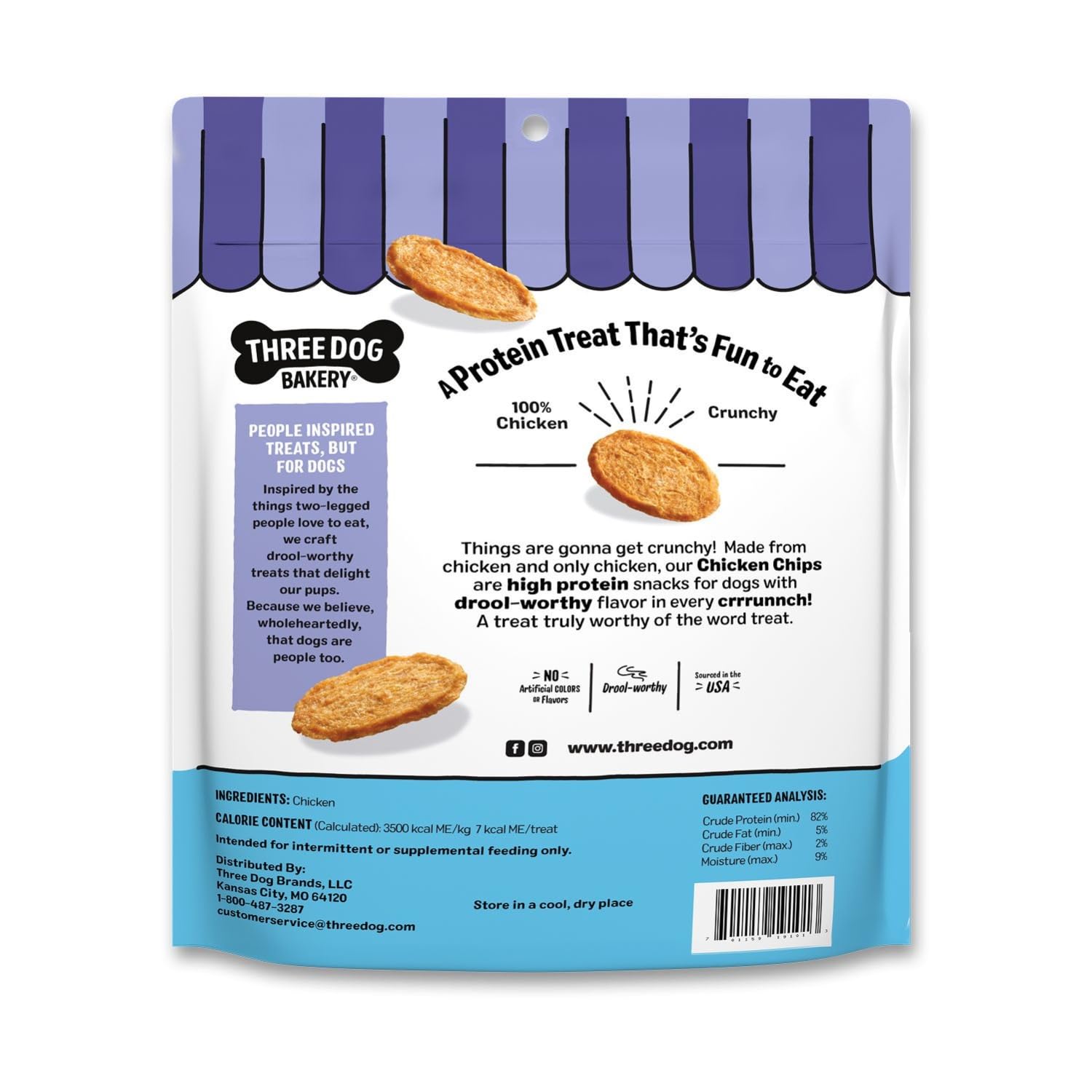 Three Dog Bakery Bark’N Crunch bite-sized chips for on-the-go snacking.