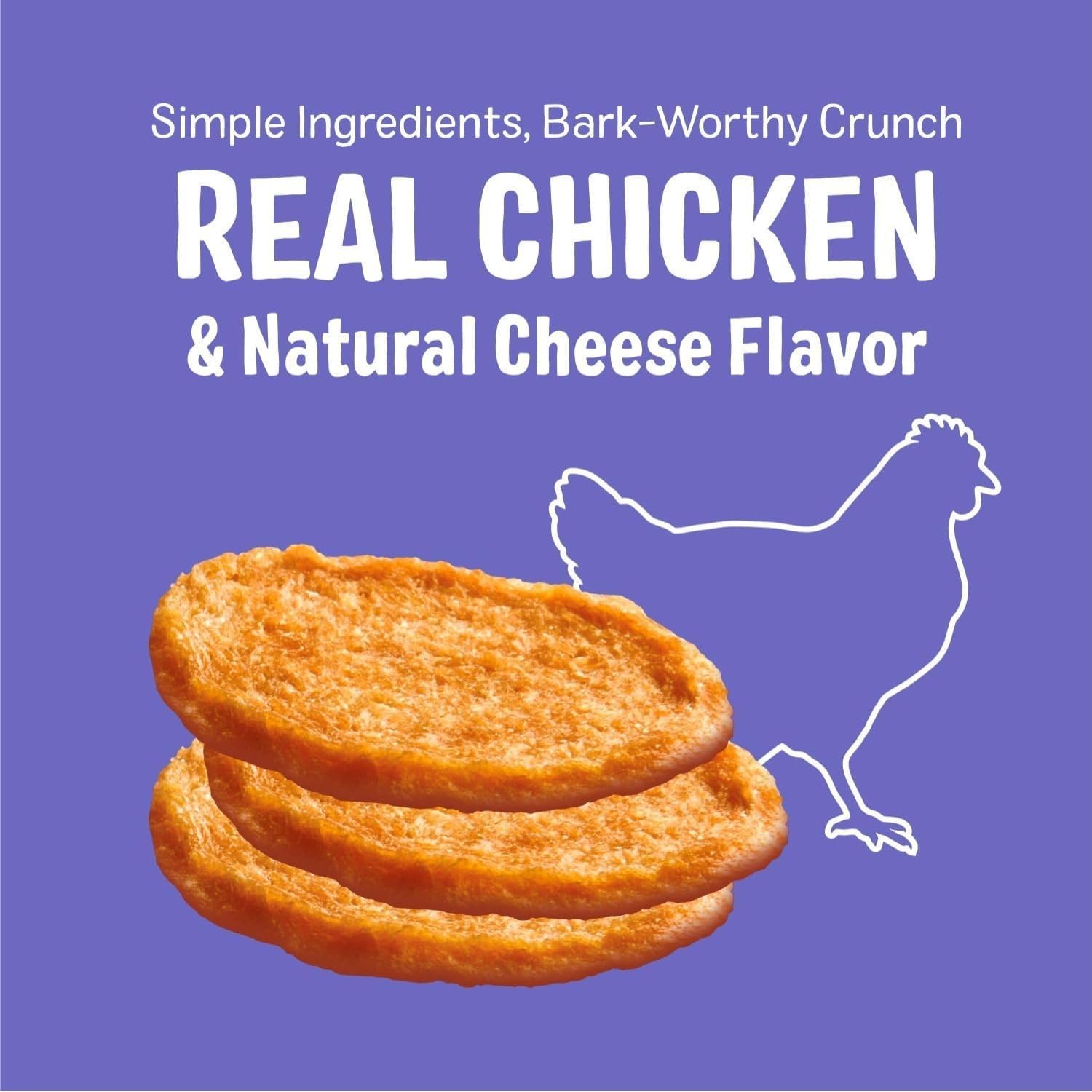 Three Dog Bakery Bark’N Crunch Chicken Chips USA-made label communicates quality and freshness.
