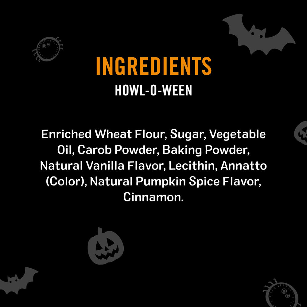 Three Dog Bakery Howl-O-Ween ingredients carob and pumpkin closeup highlight natural flavor appeal.