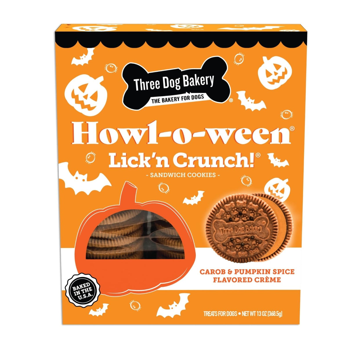 Three Dog Bakery Howl-O-Ween packaging showcases festive branding, ideal for Halloween gifting.