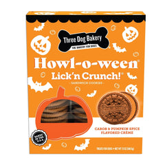 Three Dog Bakery Howl-O-Ween packaging showcases festive branding, ideal for Halloween gifting.