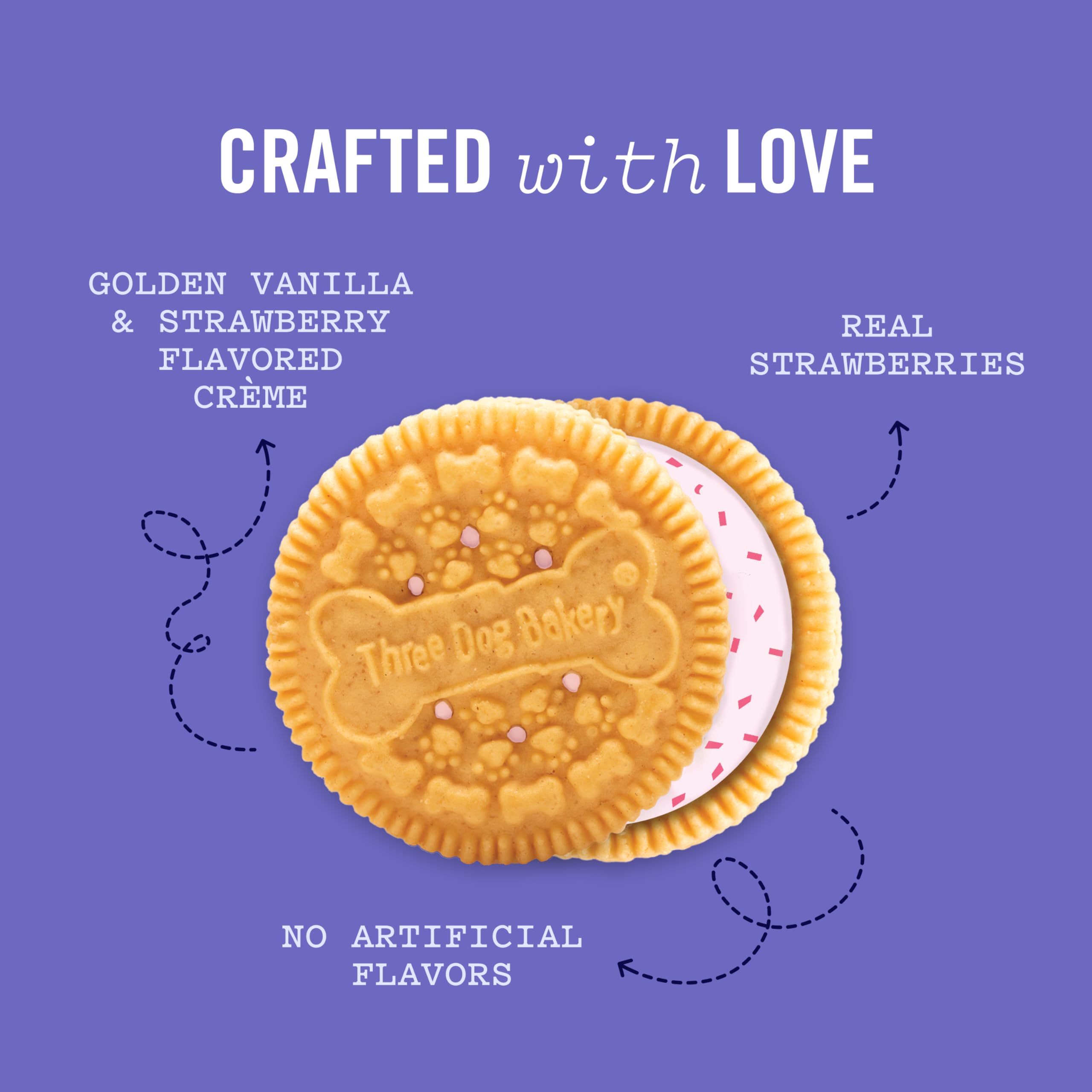Three Dog Bakery Lick’n Crunch cross-section reveals vanilla cream filling and strawberry bites.
