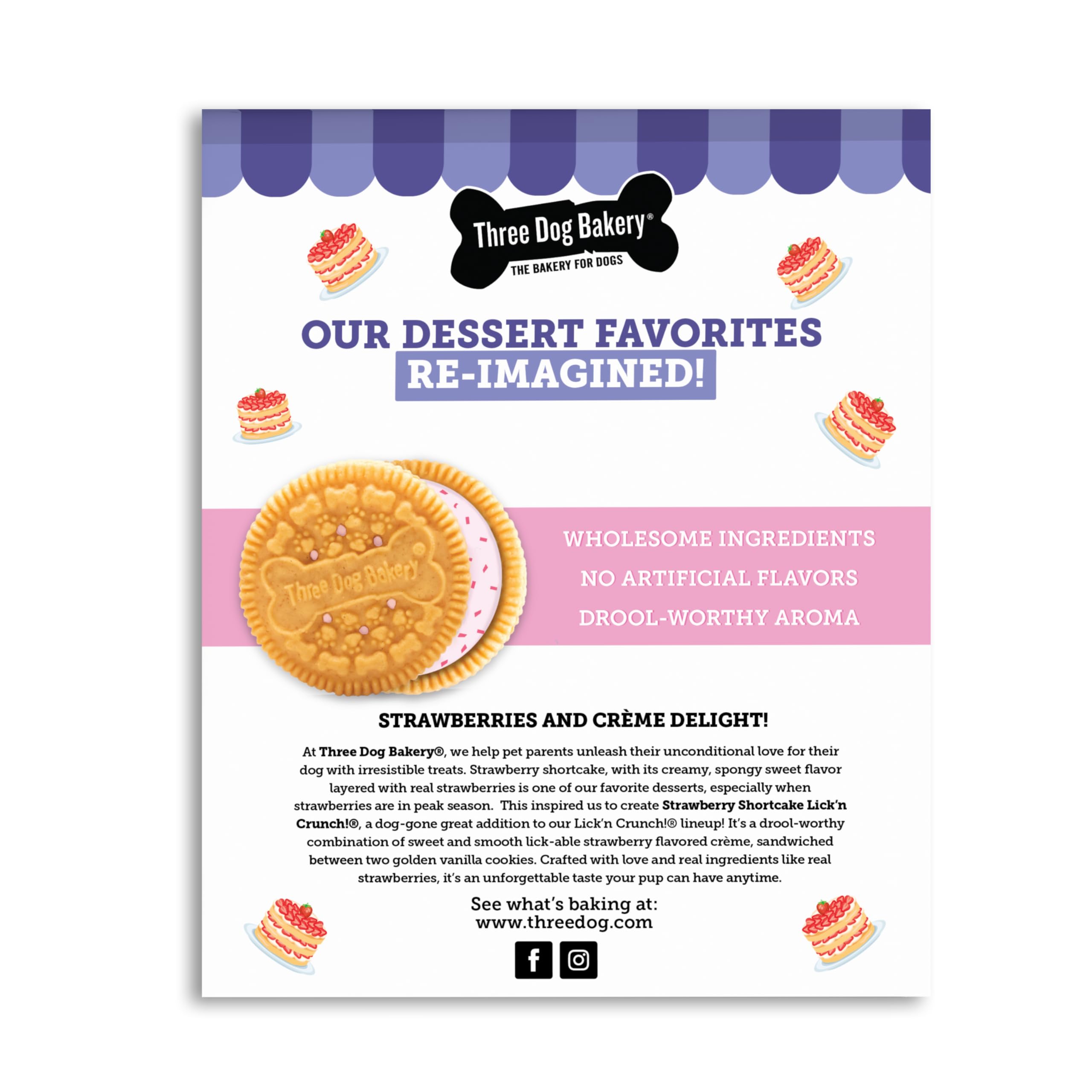 Three Dog Bakery Lick’n Crunch ingredients close-up with real strawberries and vanilla.