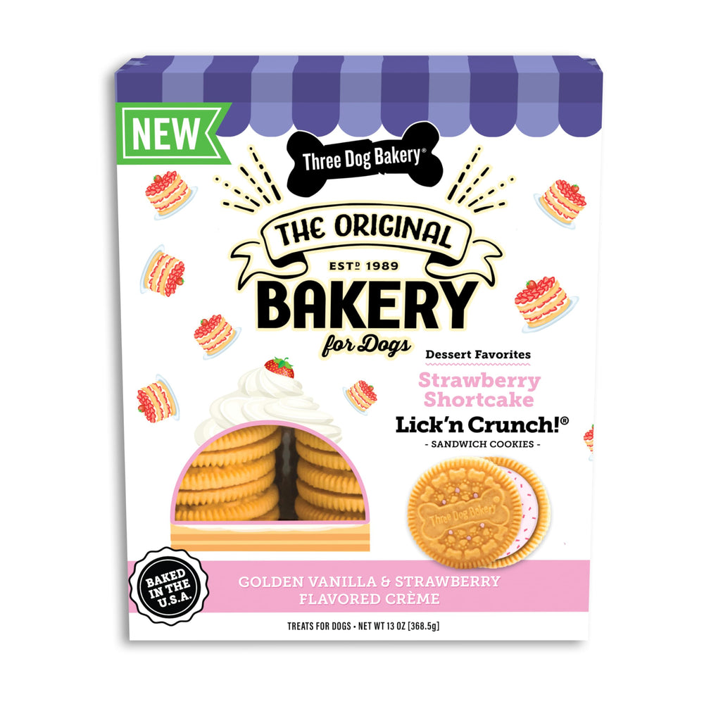 Three Dog Bakery Lick’n Crunch Strawberry Shortcake treats box showing real strawberries.