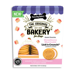 Three Dog Bakery Lick’n Crunch Strawberry Shortcake treats box showing real strawberries.