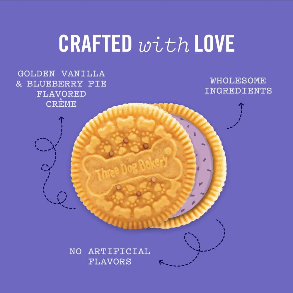 Three Dog Bakery real blueberries highlight natural flavor and wholesome ingredients for dogs.