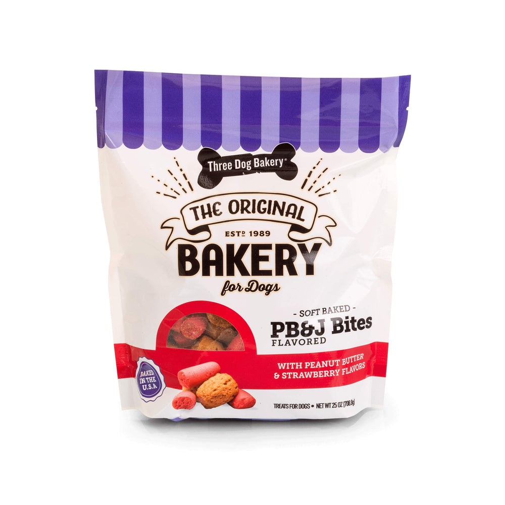 Three Dog Bakery PB&J Bites box showing soft texture ideal for easy rewards