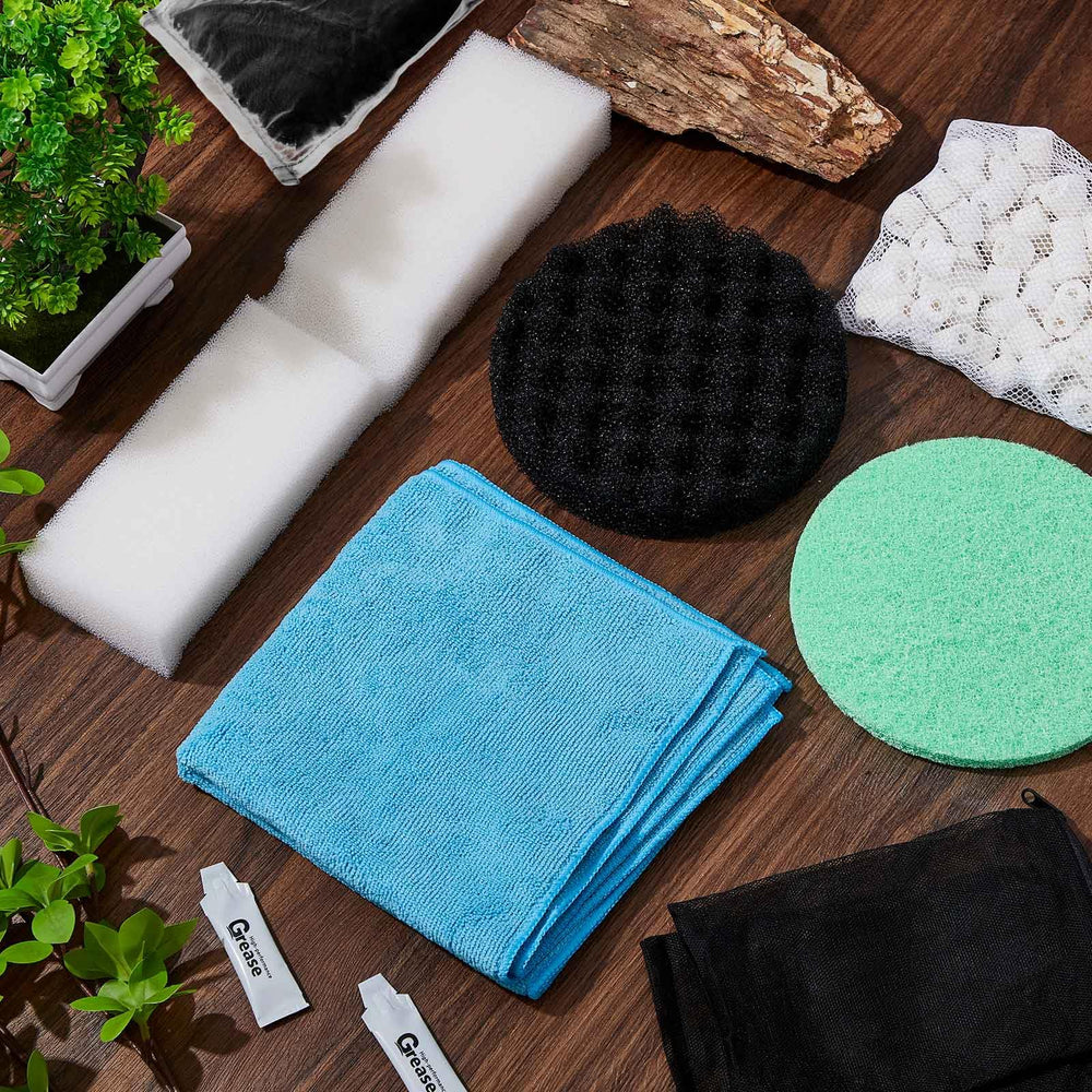 Threlaco aquarium towels and filter bags arranged for simple setup.