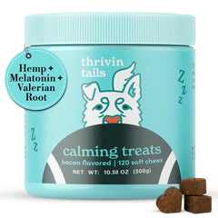 Thrivin Tails Bacon-Flavored Calming Chews bottle helps support calmness during fireworks
