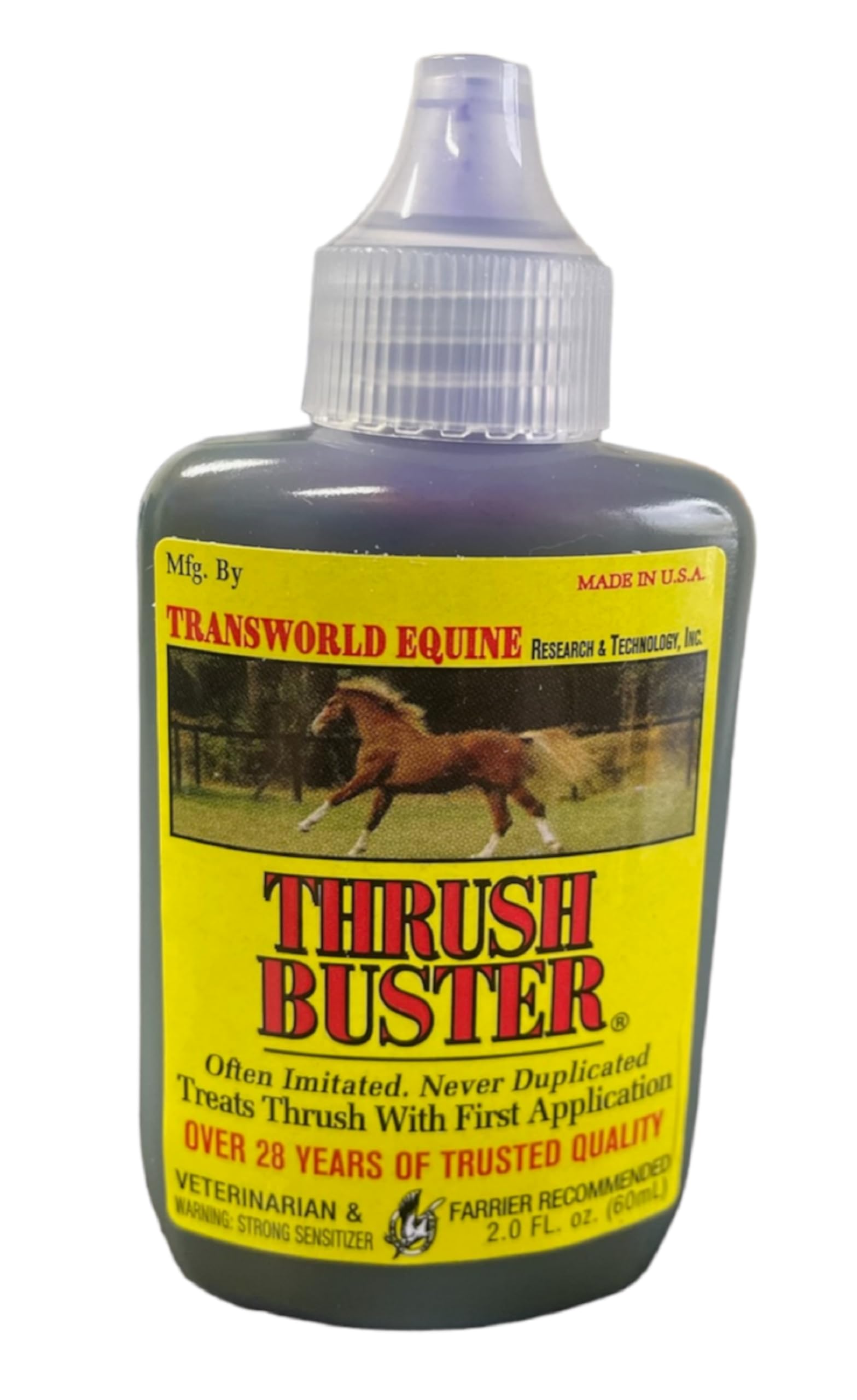 Thrush Buster 2oz bottle with purple stain formula for easy application and hoof care.