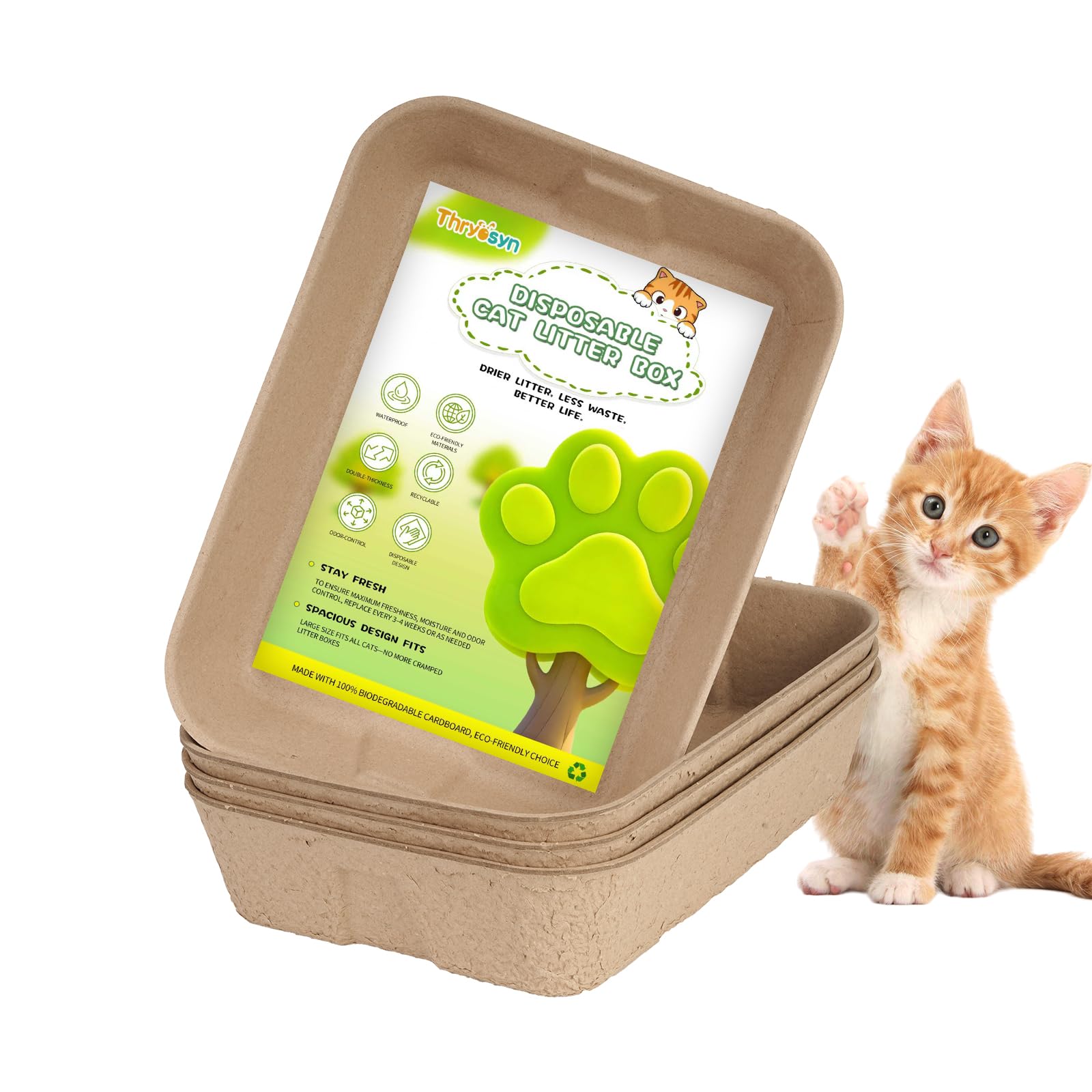 Thryosyn large disposable litter box 4-pack packaging for quick disposal and cleanup.