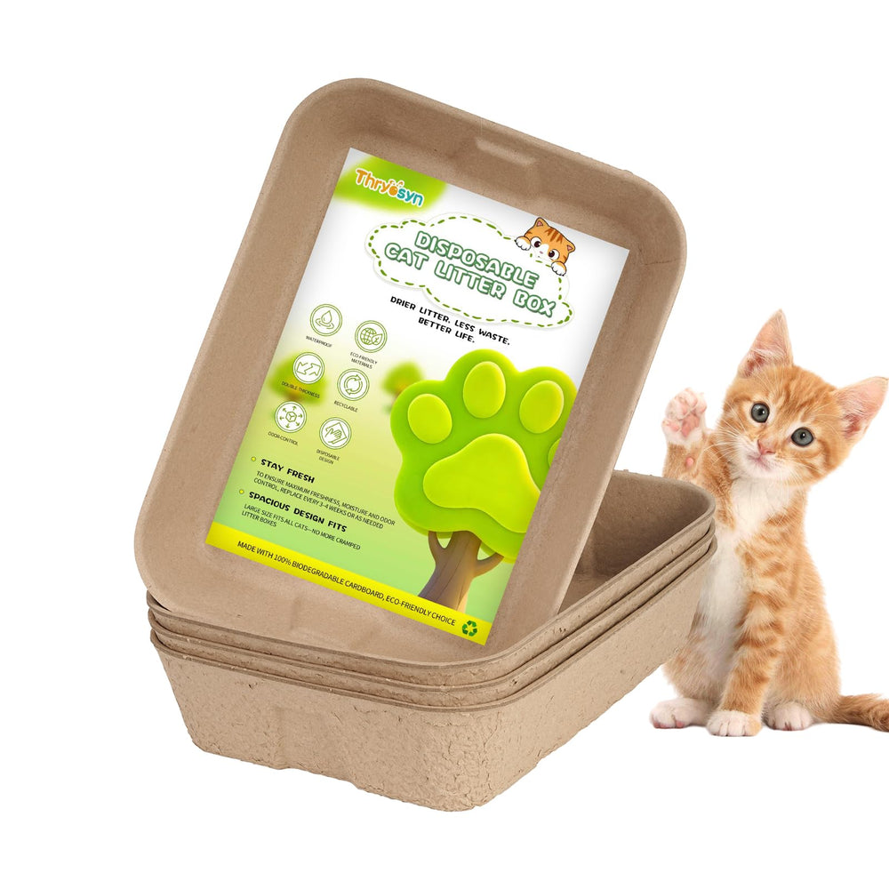 Thryosyn large disposable litter box 4-pack packaging for quick disposal and cleanup.