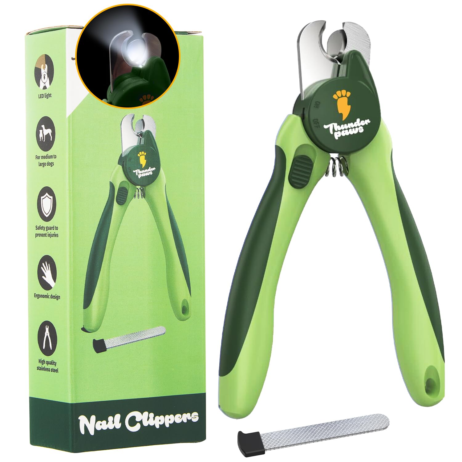 Thunderpaws nail clippers with green LED in action for safe trimming