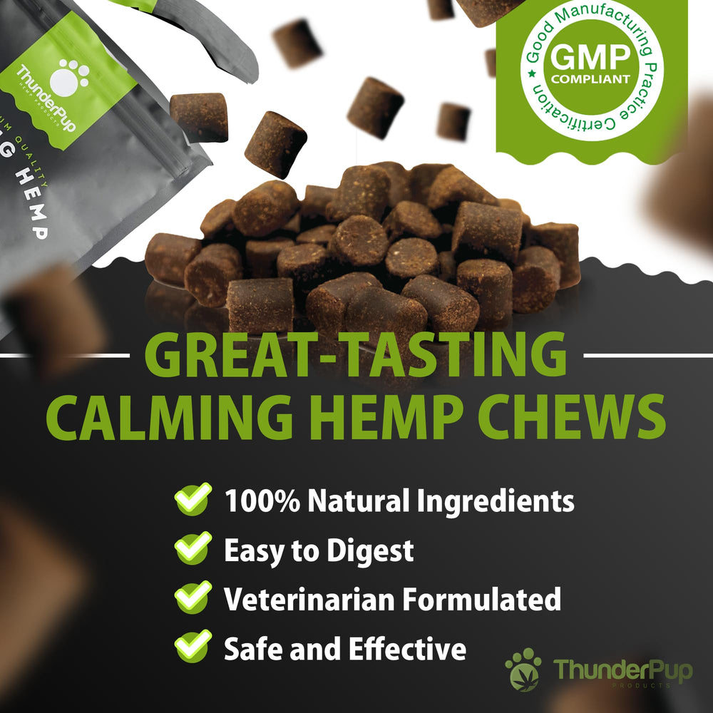 ThunderPup Premium Hemp Chews bacon flavor closeup highlighting tasty, easy-to-digest treats.