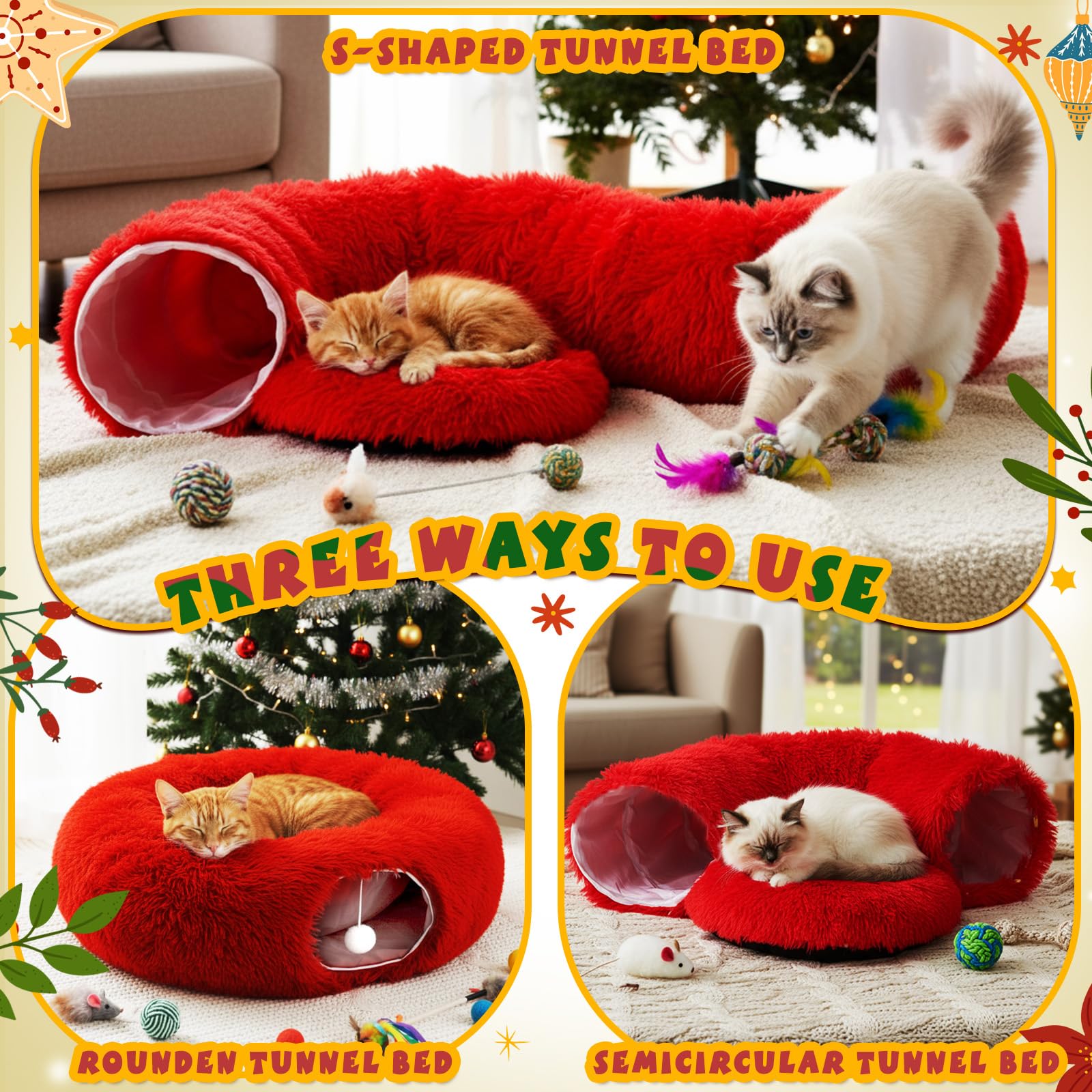 Thyle Christmas Cat Tunnel Bed plush cushion closeup highlights cozy resting area.