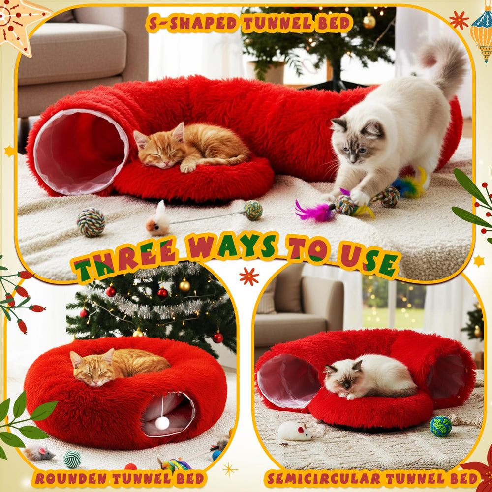 Thyle Christmas Cat Tunnel Bed plush cushion closeup highlights cozy resting area.